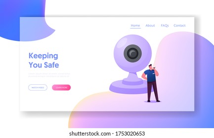 Protection Property, Monitoring and Security Landing Page Template. Tiny Male Character with Walkie Talkie Stand at Huge Video Camera. Guard Man Use Surveillance System. Cartoon Vector Illustration
