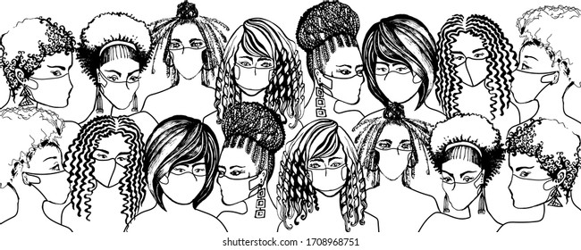 Protection in the quarantine. Life is beautiful.Hand drawn African, American,European,Asian women portraits with face mask on white background.Different female hairstyles.Together we are strong.Vector