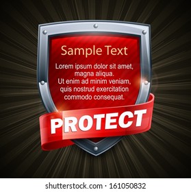 Protection red shield with ribbon on black & text, vector illustration
