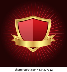 Protection red shield with ribbon on sunray background, vector illustration