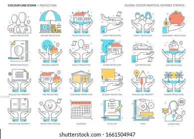 Protección relacionada, línea de color, icono vectorial, conjunto de ilustraciones. El conjunto se trata de seguridad, daños, desastres, política, industria, seguridad, riesgo, ayuda, servicio, propiedad, seguridad, negocios, seguridad.