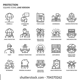 Protection related, pixel perfect, editable stroke, up scalable vector icon set. 