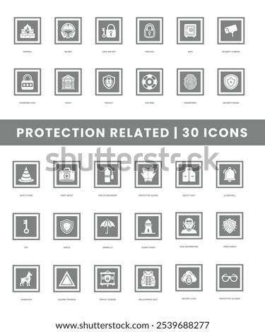 Protection related Set icon, Shield, Padlock, Key, Firewall, Safe, Security Camera, Helmet, Lock and Key, Umbrella, Guard Tower, Password Lock, Vault, Eye with Slash, Privacy, Life Ring vector icon