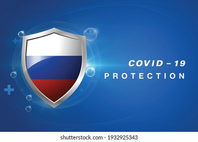 Protection Russia flag Coronavirus COVID-19 on dark background. Novel Coronavirus COVID-19.