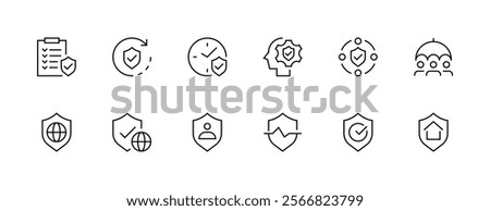 Protection and safety icon collection. Shield, security, insurance, social security, safety, coverage, risk management and more. Editable stroke. Pixel Perfect. Grid base 32px.