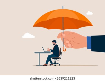 Protection, safety, protection Idea. Businessman with laptop works under an umbrella. Business resilient to survive difficulty. Flat vector illustration 
