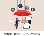 Protection, safety, protection Idea. Hand holding red umbrella protects against risk. Vector illustration