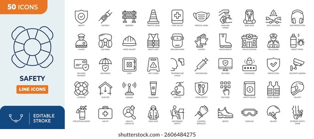 Protection and safety line editable icon set. Safety icon set. Editable stroke. Vector illustration