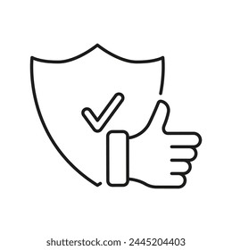 Protection And Safety Line Icon. Thumb Up And Shield Linear Pictogram, Safe Service Concept. Good Choice Outline Symbol. Approved Security Sign. Editable Stroke. Isolated Vector Illustration.