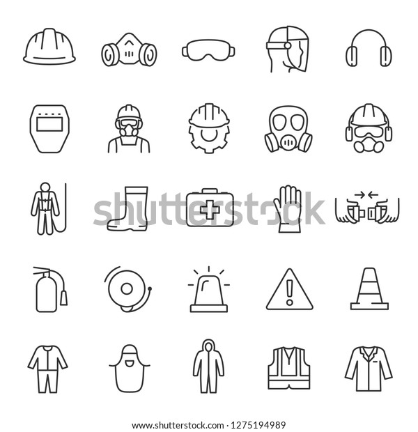 Protection and safety in the workplace, icon set.\
work area safety, linear icons. Notification and warning of danger.\
Line with editable\
stroke