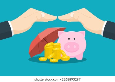 Ahorro de protección de ingresos para concepto futuro, mano humana de negocios con moneda, banco de cerdos, paraguas sobre fondo aislado, ilustración de marketing digital.