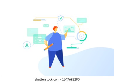 Protection Secure Data Access Flat vector illustration concept. Man looks at chart graph analyzes statistics of shield protected profile.