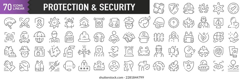 Iconos lineales negros de protección y seguridad. Colección de 70 iconos en negro. Gran conjunto de iconos lineales