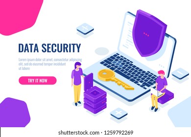 Protection and security of computer data isometric, laptop with shield, man sit on chair with laptop, women engineer, cartoon landing page vector