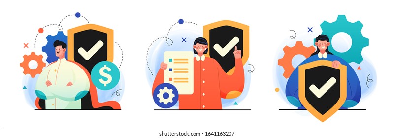 Protection and Security concepts. Illustrations of cartoon character with a shield. Perfect for web design, banner, mobile app, landing page. Vector