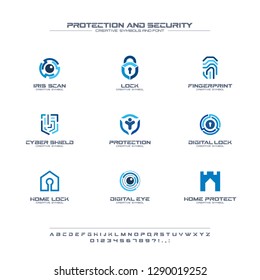 Protection and security creative symbols set, font concept. Home, people secure abstract business logo. Safe lock, padlock shield icon. Corporate identity alphabet, logotype, company graphic design