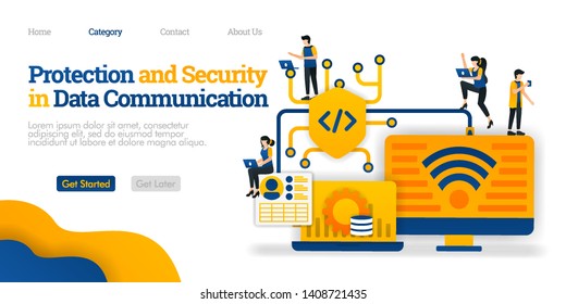 Protection and Security in Data communication. protect data sharing path for user security. Vector flat illustration concept, can use for, landing page, template, web, homepage, poster, banner, flyer