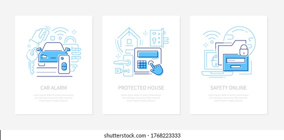 Protection and security - line design style banners set with place for text. Car alarm, protected house, safety online illustrations. Vehicle keys and systems, home door locks and intercom, safe data