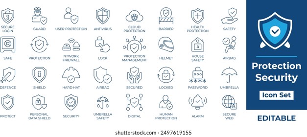 Conjunto de iconos de línea de protección o seguridad con caja fuerte, escudo, cerradura, seguridad, alarma, paraguas, guardia, valla y más. Iconos vectoriales flexibles y editables para proyectos de Web, App y Diseño gráfico.