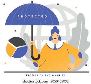 PROTECTION AND SECURITY - People cartoon with the element security. Safety and confidential data protection. Good for web design, banners, mobile apps, landing pages. Vector illustration