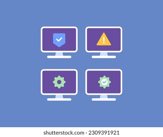 Protection, Security, Settings, and Troubleshooting on Computer System. PC monitors, alerts, shield, cogwheel. technology. collection or set of symbols and icons. Flat and minimalism concept design