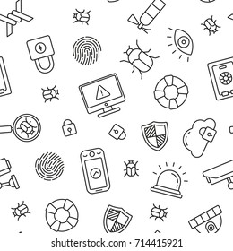 Protection and security symbols seamless pattern. Tiling textures with thin line black and white icon set