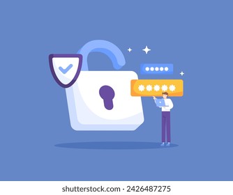 Protection and security system technology. lock and password. User safety. privacy and encryption. large padlocks and user. illustration concept design. graphic elements. Vector