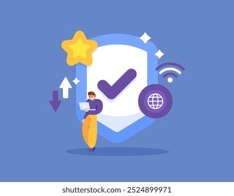 protection and security technology concept. guard and defense. premium or best Virtual Private Network or VPN system. illustration of user with big and strong shield. flat style design. elements