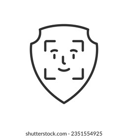 Protección y seguridad a través del reconocimiento facial, icono lineal. Escáner de escudos y caras. Línea con trazo editable