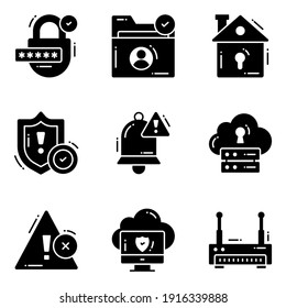 Protection and security vector glyph icons set cyber computer network business data technology