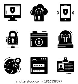 Schutz- und Sicherheitsvektorsymbole setzen Cyber-Computer-Netzwerk-Business-Datentechnologie fest