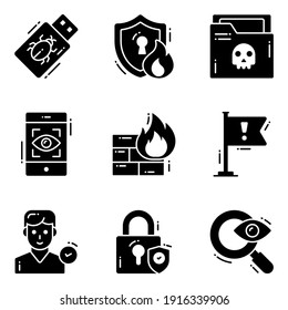 Protection and security vector glyph icons set cyber computer network business data technology