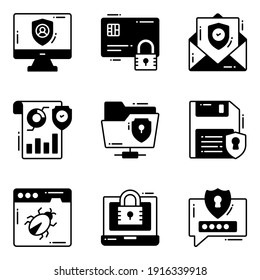 Protection and security vector glyph icons set cyber computer network business data technology