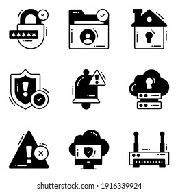 Protection and security vector glyph icons set cyber computer network business data technology