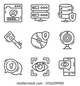 Protection and security vector line icons set cyber computer network business data technology