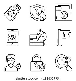 Iconos de la línea vectorial de protección y seguridad establecen la tecnología de datos empresariales de la red de computadoras cibernéticas