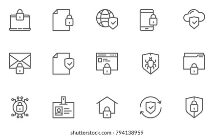 Protection and Security Vector Line Icons Set. Business Data Protection Technology, Cyber Security, Computer Network Protection. Editable Stroke. 48x48 Pixel Perfect.