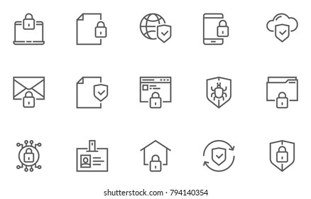 Protection and Security Vector Line Icons Set. Business Data Protection Technology, Cyber Security, Computer Network Protection. Editable Stroke. 48x48 Pixel Perfect.