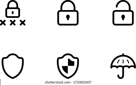 Protección y seguridad. Iconos de interfaz de usuario de esquema vectorial.