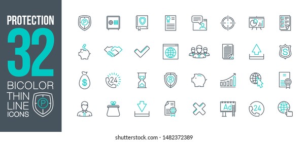 protection, security and warranty business outline flat icons set. Thin line design defender logo. icon business protection pictogram set isolated on white. outline logo symbols for web mobile app