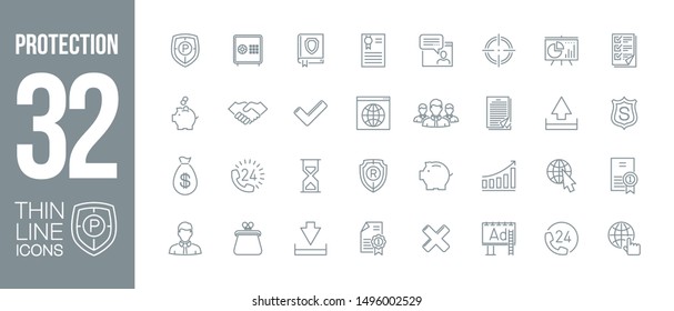 protection, security and warranty business outline flat icons set. Thin line design defender logo. icon business protection pictogram set isolated on white. outline logo symbols for web mobile app