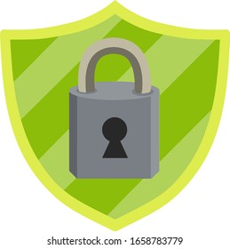 Protection and security. Yellow-Green shield and closed lock. Blocking the system. Icon for the app. Flat illustration