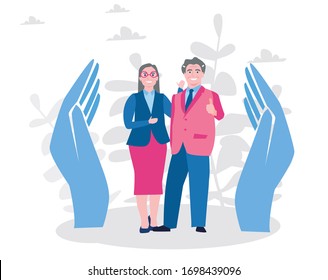 Protection for Senior Family Members.  Care for Family  old man, old woman standing between Large Hands.  Vector illustration for web banner, infographics, mobile. 