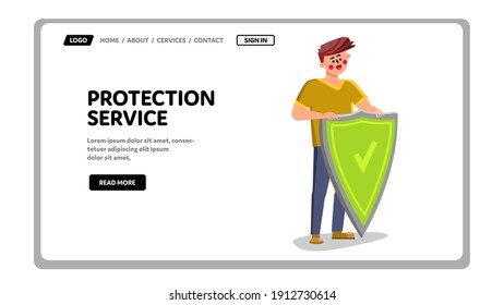 Protection Service Worker Holding Shield Vector. Protection Service Employee Young Businessman Standing Near Protective Accessory. Character Security Business Web Flat Cartoon Illustration