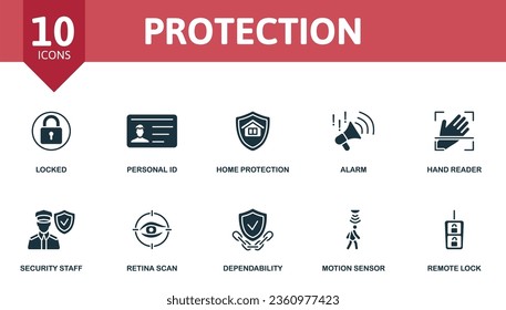 Protection set. Creative icons: locked, personal id, home protection, alarm, hand reader, security staff, retina scan, dependability, motion sensor, remote lock.