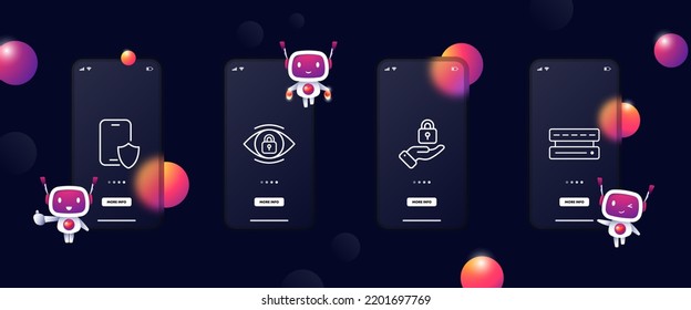 Icono de conjunto de protección. Contraseña, advertencia, bloqueo, clave, sincronización, clave gráfica, desbloqueo, cursor, sistema de seguridad, engranaje, escudo. Concepto de privacidad. Glasmorfismo. pantallas de aplicación de teléfono de interfaz de usuario. Icono de línea de vector