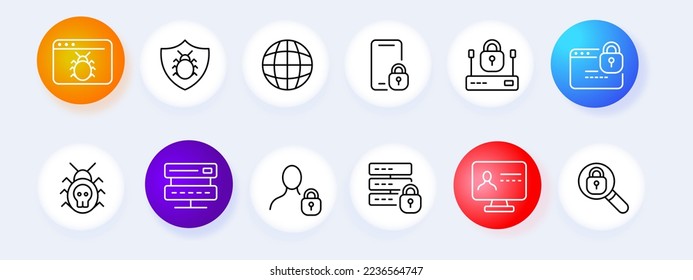 Protection set icon. Private information, antivirus, password, antivirus, hacker, two factor protection, shield, lock, defense. Security concept. Neomorphism style. Vector line icon icon for business