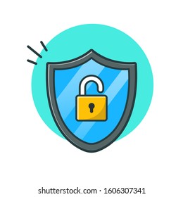 Protection Sheild With Opened Padlock Vector Icon Illustration. Security Hacked, Technology Icon Concept White Isolated. Flat Cartoon Style Suitable For Web Landing Page, Banner, Sticker, Background