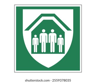 Protection Shelter Sign Featuring a Green Background with White Shield and House Icon, Indicating a Safe Refuge Area, Available as a Vector File, ISO 7010 E021