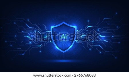 Protection shield with AI chipset inside on a futuristic background. Concept of artificial Intelligence and security. Data security against online cyber threats and viruses. Vector illustration.